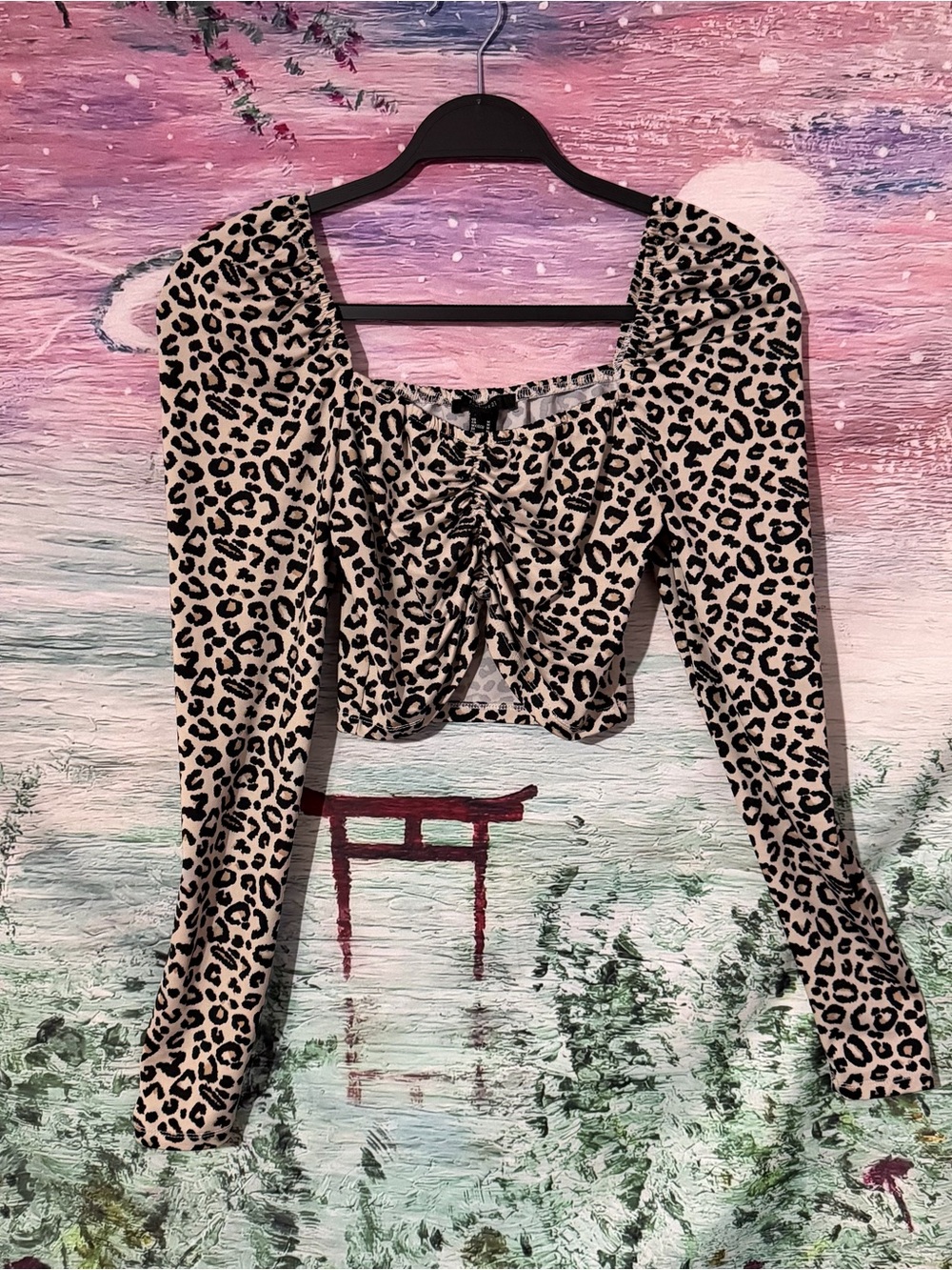 Leopard Print Ruched Long-Sleeve Crop Top - Beige/Black
